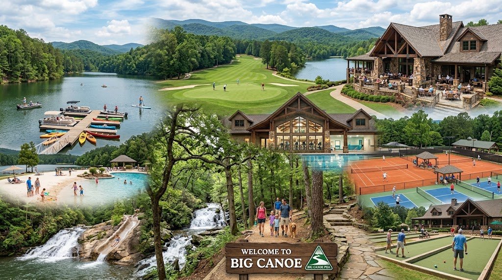 Big Canoe amenities: lakes and marina, golf, clubhouse dining, tennis and pickleball courts, waterfalls and hiking trails